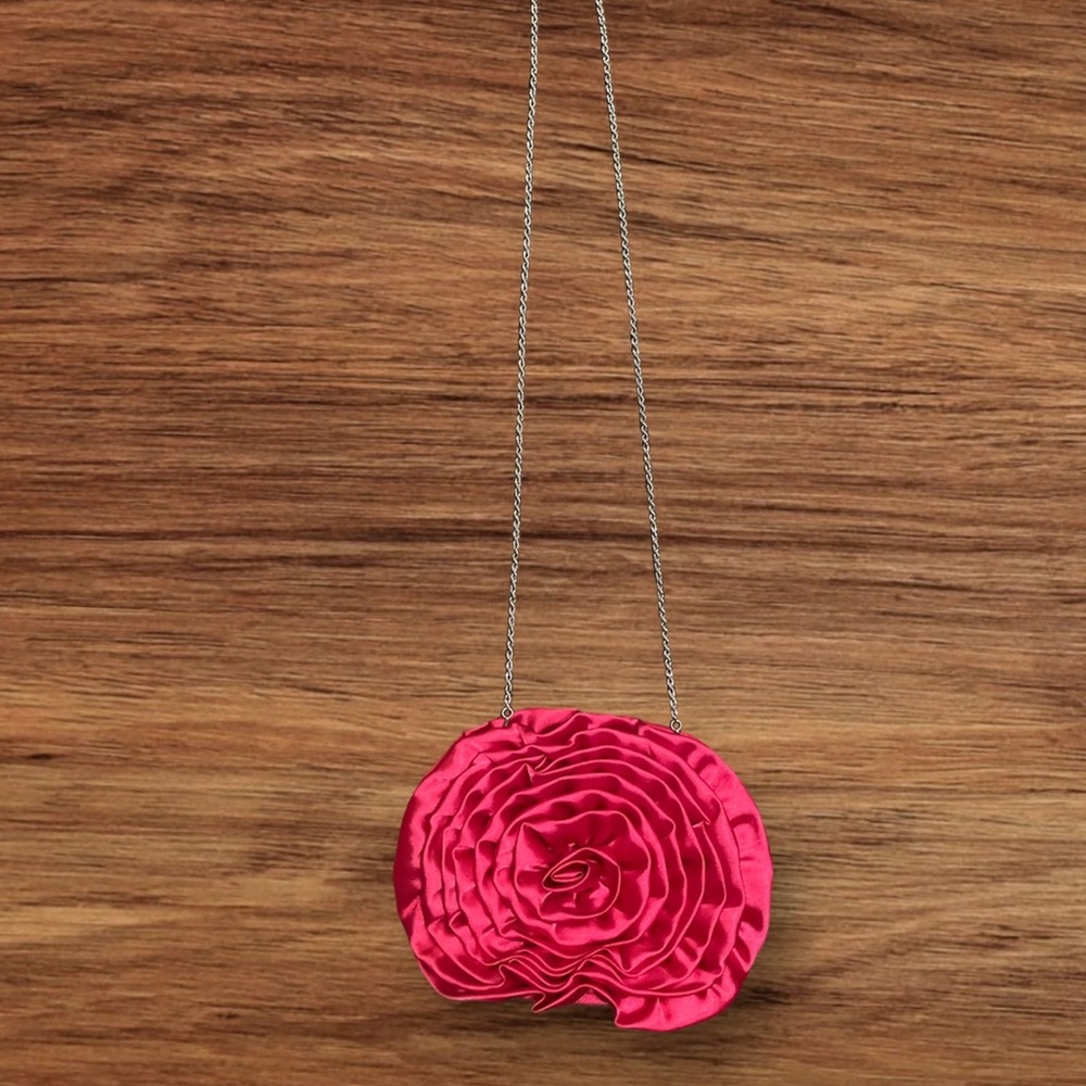 Hot Pink Satin Evening Bag w/ Detachable Silver Chain Shoulder Strap (24” Drop) - Picture 7 of 11